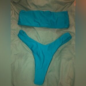 Stylish Teal Bandeau Thong Bikini Set